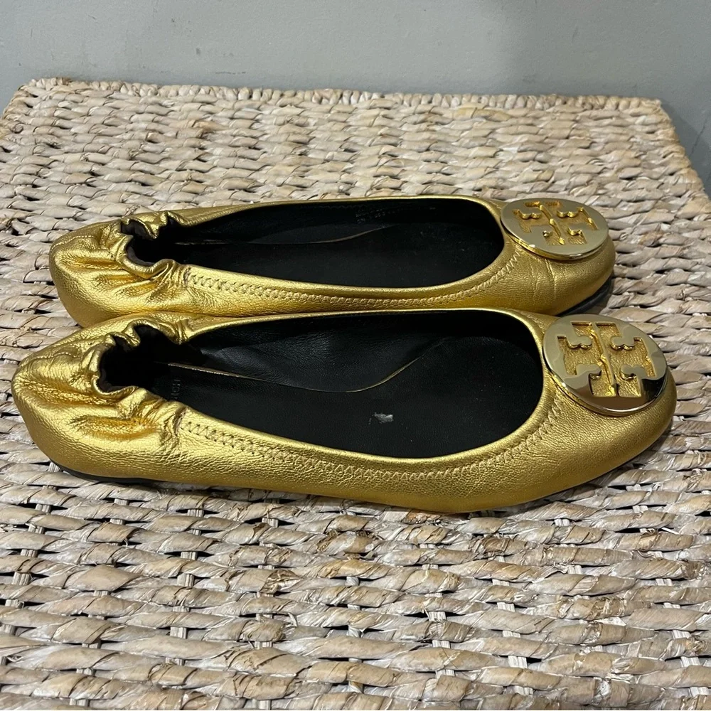 Tory Burch‎ Womens Metallic Logo Reva Leather Ballet Flats Size: 10.5 50008619